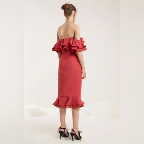 C/Meo Collective‎ Rose Immerse Off The Shoulder Layered Ruffle Midi Sheath Dress - Picture 9 of 13